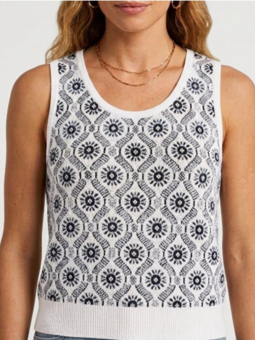 NWT Joie Sleeveless Sweater Tank – Navy & White Geometric Knit – Size Medium